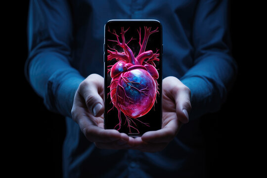 Person holding cell phone with heart on screen. This image can be used to represent love, technology, communication, or relationships.