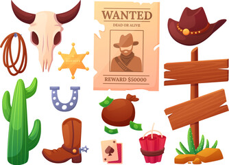 Wild west cartoon elements set. Gold sheriff star, cowboy hat boots and tools. Texas lifestyle emblems, vintage western nowaday vector collection