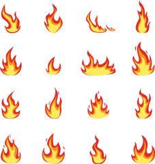 Cartoon wildfire flames icons. Fire blaze isolated elements, flame logo collection. Hell or hot symbols, nature hot cataclysm nowaday vector clipart
