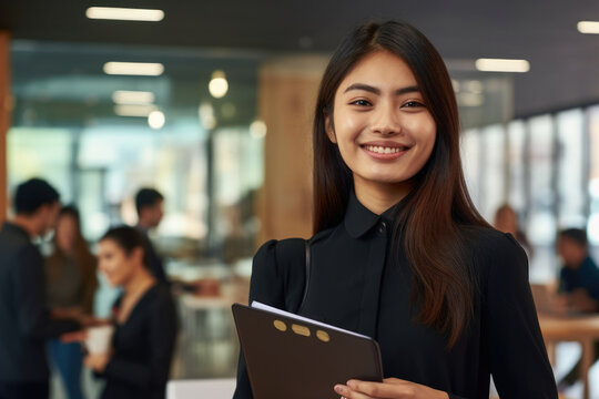 Woman In Black Shirt Holding Folder. This Image Can Be Used For Business Presentations, Office Meetings, Or Professional Settings.