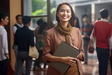 Woman is standing in front of group of people, holding laptop. Presenter or speaker addressing crowd, or for illustrating teamwork and collaboration in professional setting.