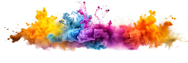 Against a pristine white backdrop, a burst of vibrant aqua and colorful smoke creates a mesmerizing display of vivid hues and ethereal patterns, generative by ai