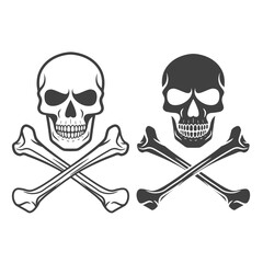 Vector Black and White Skull and Crossbones Icon Set Isolated. Skulls Collection with Outline, Cut Out Style in Front View. Hand Drawn Skull Head Design Template