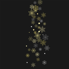 Glitter snowflakes frame on black background. Winter window. Shiny Christmas and New Year frame for gift certificate, ads, banners, flyers. Falling snow with golden glitter snowflakes for party invite