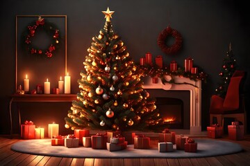 interior christmas. magic glowing tree, fireplace, gifts in dark