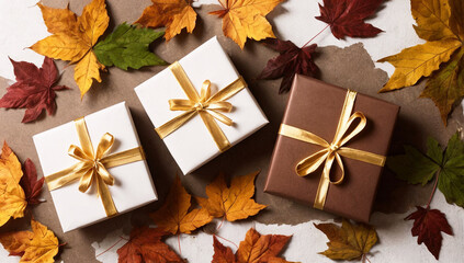 Beautiful autumn leaves and presents