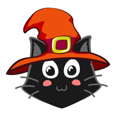 Vector mascot, cartoon and illustration of a cute black cat in an orange witch hat on halloween celebration