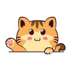 Vector mascot, cartoon and illustration of a cute orange and white striped cat looking halfway up and waving