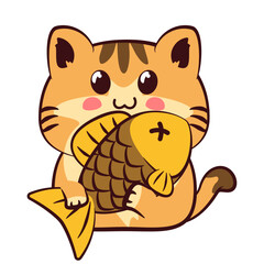 Vector mascot, cartoon and illustration of a cute orange and white striped cat holding a fish