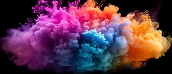 Fototapeta premium Set against a pitch-black canvas, a burst of vibrant aqua and colorful smoke unfurls, creating a mesmerizing dance of vivid colors and intricate patterns that captivate the senses, generative ai