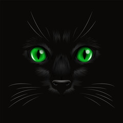 Vector 3d Realistic Green Cats Eye of a Black Cat in the Dark, at Night. Cat Face with Yes, Nose, Whiskers on Black. Cat Closeup Look in the Darkness. Front View