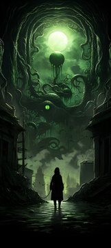 Hyperrealistic horror, tentacled oceanic depths, sculpted in dark and eerie hues.