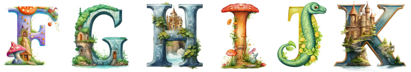 Watercolor alphabet, children book illustration. magic and fantasy fairytale theme. Drop cap. Isolated on transparent background.