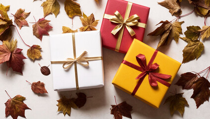 Beautiful autumn leaves and presents