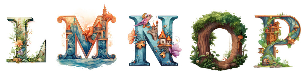 Watercolor alphabet, children book illustration. magic and fantasy fairytale theme. Drop cap. Isolated on transparent background.