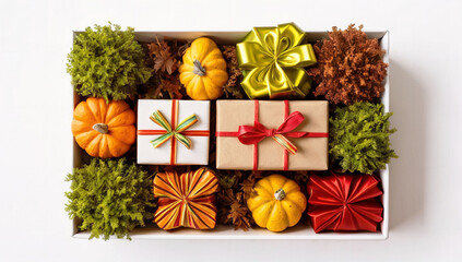 Beautiful autumn leaves and presents