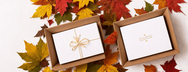 Beautiful autumn leaves and presents