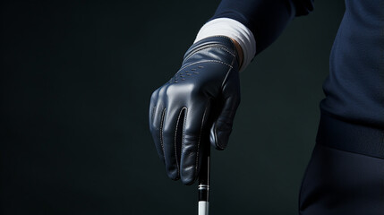 Hands in black gloves with a golf club on a dark background