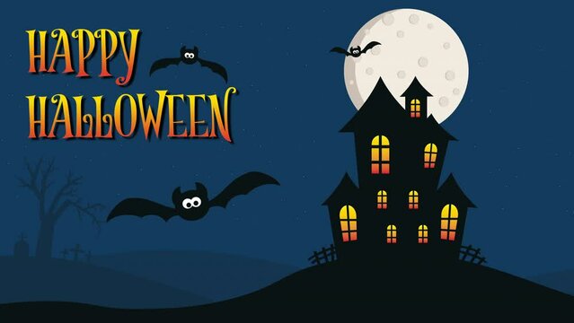 Happy Halloween &ndash; Animation in cartoon style with a haunted house, bats and text
