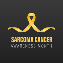 Sarcoma, Bone Cancer Banner, Card, Placard with Vector 3d Realistic Yellow Ribbon on Black Background. Sarcoma Cancer Awareness Month Symbol Closeup, July. World Bone Cancer Day Concept