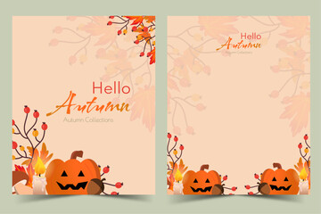 Hello autumn cards with leaves and pumpkins