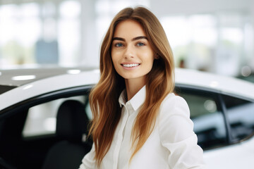 Fototapeta premium Woman standing confidently in front of sleek white car. This image can be used to showcase independence, success, or luxury of owning stylish vehicle.