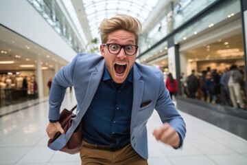 Man running in panic in an airport shopping mall