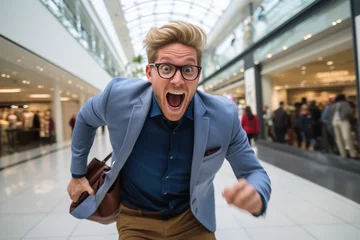 Fotobehang Man running in panic in an airport shopping mall © Adriana