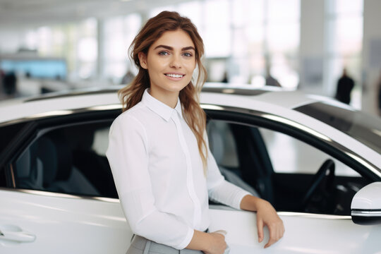 Woman standing next to car in showroom. This image can be used to showcase latest car models or for car dealership advertisements.