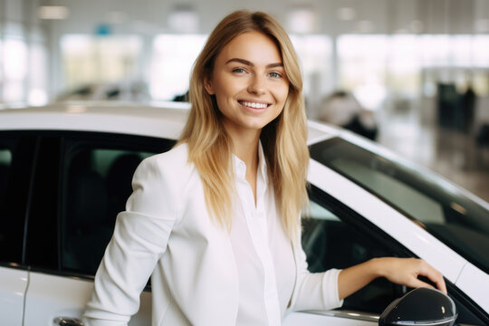 Woman standing next to white car. This image can be used to depict modern lifestyle, transportation, or travel themes.