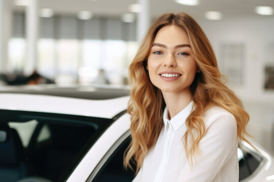 Woman standing confidently in front of sleek white car. This image can be used to depict independence, success, or modern lifestyle.