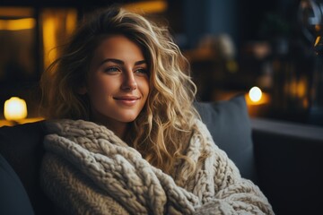 A happy woman in winter sits by the fireplace, heating the house - obrazy, fototapety, plakaty