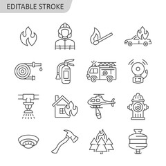 Firefighting line vector icon set. Fire department symbol with fire, fire hose, firefighter, extinguisher, fire engine, sprinkler system, burning house, helicopter, hydrant. Editable stroke.