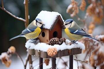 The great tits in the snowy forest at the feeder - Powered by Adobe