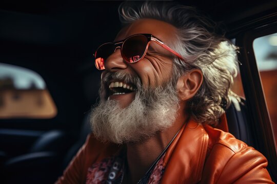 Senior man with big beard traveling and enjoying himself