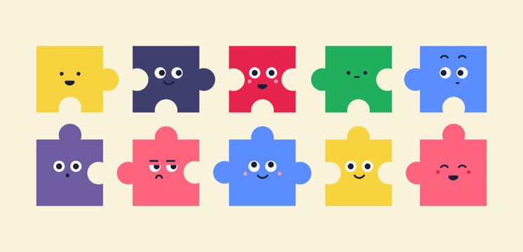 Puzzles faces. Funny bright puzzle pieces characters cute smile or angry face emotion, jigsaw emoji join friends creative abstract shape cartoon mascot concept vector illustration