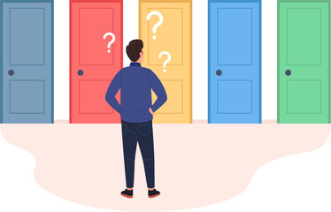 Fototapeta premium Choosing right door. Life way selection opportunity, lost man with question select route in multiple option of career goal, student choice, find decision vector illustration