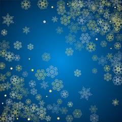 New Year frame with gold snowflakes on blue background. Winter window. Christmas and New Year frame for gift certificate, ads, banner, flyer, sales offers, event invitations. Glitter snow with sparkle