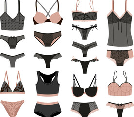 Collection of elegant female underwear. Trendy lingerie set, bra, pantie, bikini. Collection of undergarments vector illustration