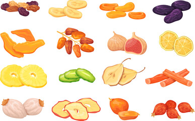 Cartoon dried fruits. Dry isolated raisin date fruit healthy food drying snack, prunes mango apricots grape banana plum berries fig lemon sweet - obrazy, fototapety, plakaty