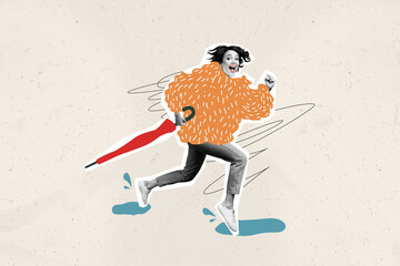 Creative composite artwork photo collage of positive impressed woman run outdoor in autumn hold umbrella isolated on drawing background