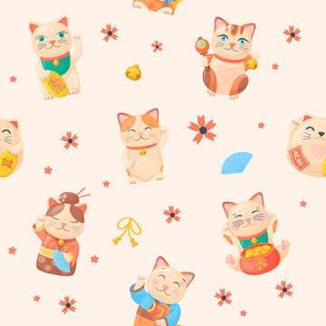 Lucky cats pattern. Japanese maneki neko kitten seamless wallpaper, chinese money fortune symbol, fortune talisman cat kawaii toys, japan souvenirs dolls neco vector illustration