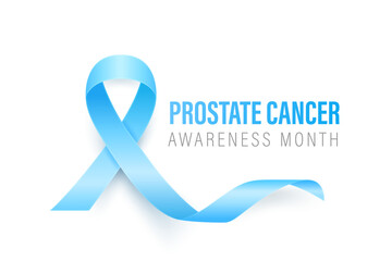 Prostate Cancer Banner, Card, Placard with Vector 3d Realistic Blue Ribbon on White Background. Prostatea Cancer Awareness Month Symbol Closeup, September. World Prostate Cancer Day Concept