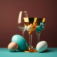 Easter real unique still life composition. Eggs with champagne glass. 
