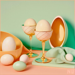  Easter real unique still life composition. Eggs with champagne glass. 