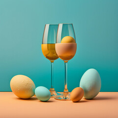  Easter real unique still life composition. Eggs with champagne glass. 