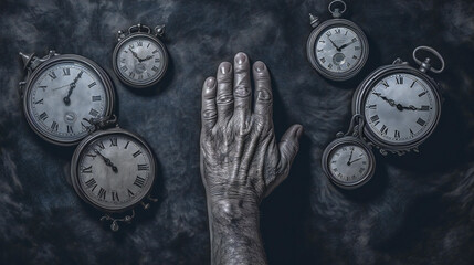 A series of overlapping clocks in various stages of disrepair, with distorted or missing hands. 
