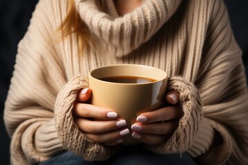 Woman's hands in sweater holding cup of hot drink coffee indoors