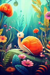 jungle scene with a playful snail