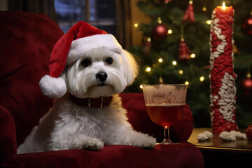 A bichon dog dressed in a Christmas outfit sits on an armchair and watches a New Year's show on TV